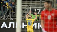 Ukraine's midfielder #10 Mykhaylo Mudryk celebrates celebrates scoring his team's second goal during the UEFA's EURO 2024 qualification final play off football match between Ukraine and Iceland, in Wroclaw, Poland, on March 26, 2024. (Photo by Sergei GAPON / AFP)
