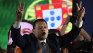 Democratic Alliance leader Luis Montenegro celebrates his victory as he addresses supporters at the party's election night headquarters, in Lisbon on March 10, 2024. (Photo by Miguel Riopa / AFP)