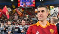 Roma's Italian defender #23 Gianluca Mancini celebrates after winning the Italian Serie A football match between AS Roma and Lazio on April 6, 2024 at the Olympic stadium in Rome. (Photo by Alberto PIZZOLI / AFP)
