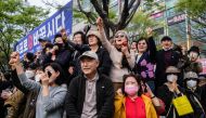 Supporters attend a campaign rally for South Korea's ruling People Power Party ahead of the upcoming parliamentary elections in Seoul on April 8, 2024. Photo by ANTHONY WALLACE / AFP.