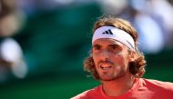 Greece's Stefanos Tsitsipas reacts after a point against Russia's Karen Khachanov during their Monte Carlo ATP Masters Series Tournament quarter final tennis match on the Rainier III court at the Monte Carlo Country Club in Monaco on April 12, 2024. (Photo by Valery HACHE / AFP)
