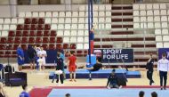 Gymnasts during a training session yesterday.