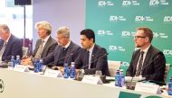 ECA Chairman Nasser Al Khelaifi (second right) speaks during the meeting.   