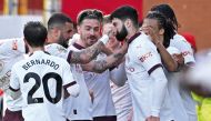 Manchester City’s Josko Gvardiol (centre right) celebrates with teammates after scoring the opening goal yesterday. Photo by AFP