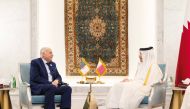 Prime Minister and Minister of Foreign Affairs H E Sheikh Mohammed bin Abdulrahman bin Jassim Al Thani with Algeria's Minister of Foreign Affairs and National Community Abroad H E Ahmed Attaf during their meeting yesterday.