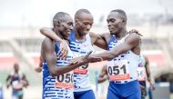Kenya’s Timothy Cheruiyot (centre) celebrates with teammates in this file photo.