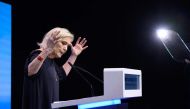 President of the French far-right Rassemblement National (RN) parliamentary group Marine Le Pen delivers a speech during a campaign meeting for the forthcoming European union (EU) parliamentary elections scheduled for June 2024, in Perpignan, southern France, on May 1, 2024. (Photo by Ed JONES / AFP)
