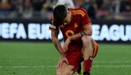 Roma's Argentine forward #21 Paulo Dybala reacts during the UEFA Europa League semi final first leg football match between AS Roma and Bayern Leverkusen at the Olympic stadium on May 2, 2024 in Rome. (Photo by Filippo MONTEFORTE / AFP)
