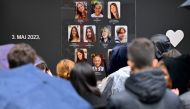 People gather in front of the “Vladislav Ribnikar “ elementary school, to mark the one-year anniversary of a deadly school shooting in the capital Belgrade that led to major protests against the government and pro-gun culture, in Belgrade, Serbia on May 3, 2024. Photo by OLIVER BUNIC / AFP