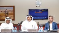 FROM LEFT: QREC Racing Manager Abdulla Al Kubaisi, Advisor to the QREC Chairman Sami Al Boenain and Chief Steward Philip Dingwall during a meeting to discuss preparation for next horse racing season. 