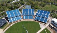 This aerial photo taken on May 1, 2024 shows the Nassau County International Cricket Stadium under construction in Eisenhower Park in East Meadow, New York, ahead of the ICC T20 World Cup 2024. Photo by Cecilia SANCHEZ / AFP