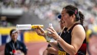 Japan's Haruka Kitaguchi celebrates her victory in the women's javelin throw during the Golden Grand Prix Japan at the National Stadium in Tokyo on May 19, 2024. (Photo by Philip Fong / AFP)