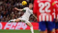 Real Madrid's German midfielder #08 Toni Kroos stares at the ball during the Spanish league football match between Real Madrid CF and Club Atletico de Madrid at the Santiago Bernabeu stadium in Madrid on February 4, 2024. Photo by OSCAR DEL POZO / AFP