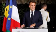 France's President Emmanuel Macron delivers a speech at New Caledonia's High Commissioner residency in Noumea on May 22, 2024, during his trip to the Pacific archipelago in an attempt to resolve a political crisis. Photo by Ludovic MARIN / POOL / AFP.