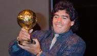 Diego Maradona with his Golden Ball trophy at the Lido in 1986. (File photo: Pascal George/AFP/Getty)