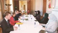 Minister of State for International Cooperation at the Ministry of Foreign Affairs H  E Lolwah bint Rashid Al Khater meeting Minister of Foreign Affairs of Sweden H E Tobias Billstrom, in Stockholm yesterday. 
