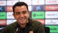 Barcelona Spanish coach Xavi holds a press conference at the Joan Gamper training ground in Sant Joan Despi, near Barcelona, on May 25, 2024. Photo by MANAURE QUINTERO / AFP.