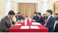 Deputy Prime Minister and Minister of State for Defence Affairs H E Dr. Khalid bin Mohammed Al Attiyah meeting Japan’s Minister of Defence H E Minoru Kihara, in Singapore.
