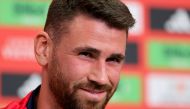 Spain's goalkeeper #23 Unai Simon addresses a press conference at the media centre at the team base in Donaueschingen, on June 17, 2024. (Photo by Lluis Gene / AFP)
 