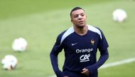 France's forward #10 Kylian Mbappe, who broke his nose during his country's opening win against Austria, attends a training session during the UEFA Euro 2024 Football Championship, at the Home Deluxe Arena Stadium in Paderborn, western Germany, on June 19, 2024. (Photo by FRANCK FIFE / AFP)
