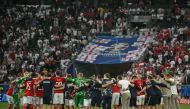 Denmark players react after the UEFA Euro 2024 Group C football match between Denmark and England at the Frankfurt Arena in Frankfurt am Main on June 20, 2024. (Photo by Angelos Tzortzinis / AFP)
