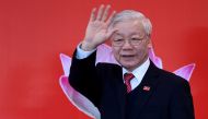 Vietnam's newly elected Communist Party general secretary Nguyen Phu Trong waves during a press conference after the closing ceremony of the Communist Party of Vietnam (CPV) 13th National Congress at the National Convention Centre in Hanoi on February 1, 2021. Photo by Nhac NGUYEN / AFP