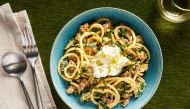 Bucatini with zucchini and sausage. (Photo by Rey Lopez for The Washington Post; food styling by Carolyn Robb for The Washington Post)

