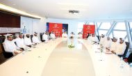 QSL Competitions Department Director Ahmed Salman Al Adsani, Head of Football Operations Ahmed Abdullah Al Sayed, representative of Qatar Football Association’s Referees Department Abdullah Al Balooshi, and club representatives during the meeting, yesterday.
