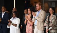 Britain's Prince Harry (2nd right), Duke of Sussex, and his wife Meghan Markle, Colombia's vice-President Francia Marquez (2nd left) and her partner Yerney Pinillo, and the director of the National Centre for the Arts Xiomara Suescun attend a performance at the centre in Bogota on August 15, 2024. (Photo by Raul Arboleda / AFP)