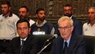 Prosecutor Raffaele Cammarano (L) and the chief of the public prosecutor's office of Termini Imerese Ambrogio Cartosio (R) give a press conference on August 24, 2024 in Termini Imerese, Sicily. Photo by Alessandro FUCARINI / AFP.