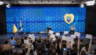 Ukraine's President Volodymyr Zelensky takes questions at a news conference on Tuesday in Kyiv. (Phot by Ed Ram for The Washington Post)