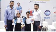 NVBS players taking photo with the Guests (From left - Rajish Kalapurayil - Branch Banking Head of EASF Bank, Nivedya Aji, Adam Noujas & Pradeep B - Regional Head Bancassurance, Punjab National Bank).