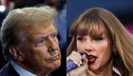 This combination of pictures created on September 15, 2024 shows US Republican presidential nominee, former US President Donald Trump speaking to reporters in the spin room after debating Democratic presidential nominee, US Vice President Kamala Harris, at Pennsylvania Convention Center on September 10, 2024 in Philadelphia, Pennsylvania, while US singer and songwriter Taylor Swift performs on stage as part of her Eras Tour in Lisbon on May 24, 2024. (Photo by Kevin Dietsch and Andre Dias Nobre / various sources / AFP)