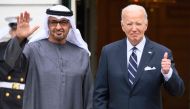 US President Joe Biden and UAE President HH Sheikh Mohamed bin Zayed Al Nahyan at the South Portico of the White House in Washington, DC, on September 23, 2024. (Photo by Mandel Ngan / AFP)