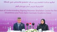 General Manager of the PSG Regional Office in the Middle East and India Fabien Dilem and Executive Director of Shafallah Center Maryam Saif Al Sowaidi during the agreement signing ceremony.