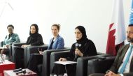 Assistant Undersecretary for Migrant Labours Affairs at the Ministry of Labour H E Sheikha Najwa bint Abdulrahman Al Thani (second right) speaking at the event.