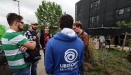 Some of the 470 employees at the video production company Ubisoft gather during a strike in Montpellier, southern France on October 15, 2024. (Photo by Pascal Guyot / AFP)