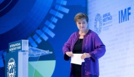 International Monetary Fund managing director Kristalina Georgieva departs after delivering a curtain raiser speech on the outlook for the global economy and policy priorities ahead of the 2024 Annual Meetings of the IMF and the World Bank Group in Washington, DC, October 17, 2024. (Photo by Brendan Smialowski / AFP)
