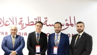 CEO of Qatar Media Corporation H E Sheikh Abdulaziz bin Thani Al Thani (second right); CEO of Media City Qatar Eng Jassim Mohamed Al Khori (right); and Ambassador of Qatar to France H E Sheikh Ali bin Jassem Al Thani (left) at MIPCOM in Cannes, France.