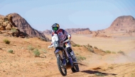 Mohammed Al Balooshi heads a bumper motorcycle section for the Qatar International Baja. 