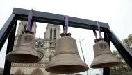 This photograph shows three new bells, including the bell used during the Paris Olympic Games, set to be placed into Paris' Notre-Dame cathedral on November 7, 2024, one month before it is due to reopen and five years after a devastating fire. Photo by Thomas SAMSON / AFP