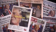 A picture taken in London on November 7, 2024 shows the frontpages of some of Britain's national newspapers about the re-election of US President-elect Donald Trump. Photo by HENRY NICHOLLS / AFP.
