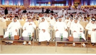 Minister of Sports and Youth H E Sheikh Hamad bin Khalifa bin Ahmed Al Thani (third left), Chairperson of Qatar Media Corporation H E Sheikh Hamad bin Thamer Al Thani (second left) and other officials at the event. 