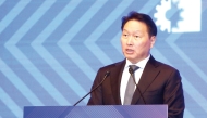 SK Group and KCCI Chairman Chey Tae-won delivers a speech during the national chamber of commerce presidents’ meeting at Hotel Inter-Burgo in Daegu.