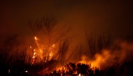 The Auto Fire spreads following the riverbed of the Santa Clara River in Oxnard, North West of Los Angeles, California, on January 13, 2025. (Photo by ETIENNE LAURENT / AFP)
