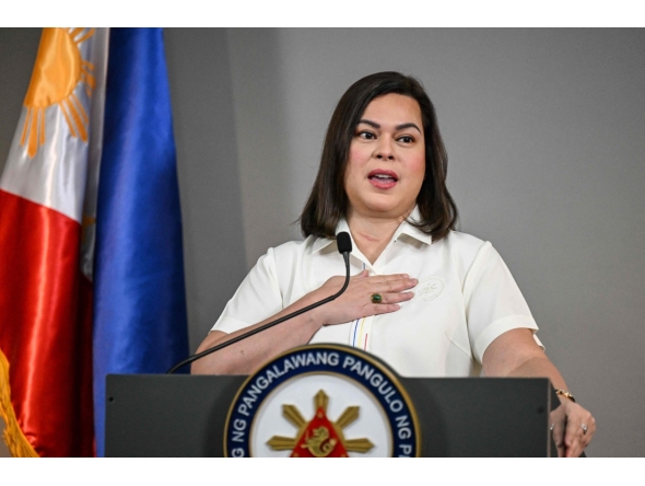 Philippine Vice President Sara Duterte gives a statement on impeachment complaints filed against her at her office in Mandaluyong, Metro Manila on February 7, 2025. Photo by JAM STA ROSA / AFP