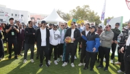 Minister of Environment and Climate Change H E Dr Abdullah bin Abdulaziz bin Turki Al Subaie and Minister of Transport H E Sheikh Mohammed bin Abdulla bin Mohammed Al Thani with senior officials  and guests taking part in National Sport Day activities.