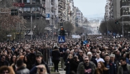 Protesters take part in a rally during a general strike called by unions to mark the second anniversary of Tempi railway collision in February 2023, in Thessaloniki on February 28, 2025. Photo by Sakis Mitrolidis / AFP