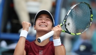 Alexandra Eala of the Philippines reacts at match point after defeating Iga Swiatek of Poland on Day 9 of the Miami Open at Hard Rock Stadium on March 26, 2025 in Miami Gardens, Florida.(Photo by  Al Bello/Getty Images via AFP)