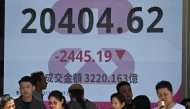 People stand in front of an electronic sign board showing the Heng Seng Index in Hong Kong on April 7, 2025. Photo by Peter PARKS / AFP